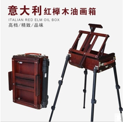 ITALIAN RED ELM OIL BOX New four feet easel Multi-function easel with oil painting box made by natural red Ju wood