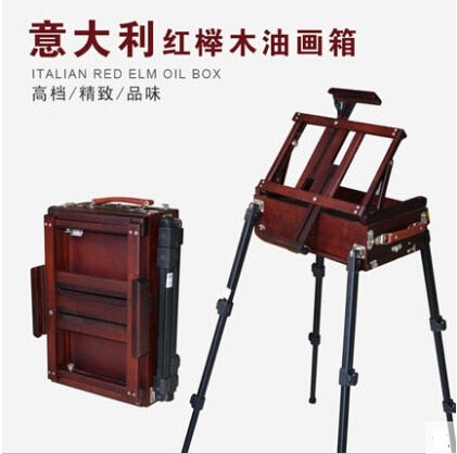 ITALIAN RED ELM OIL BOX New four feet  easel Multi-function easel with oil painting box made by natural red Ju wood