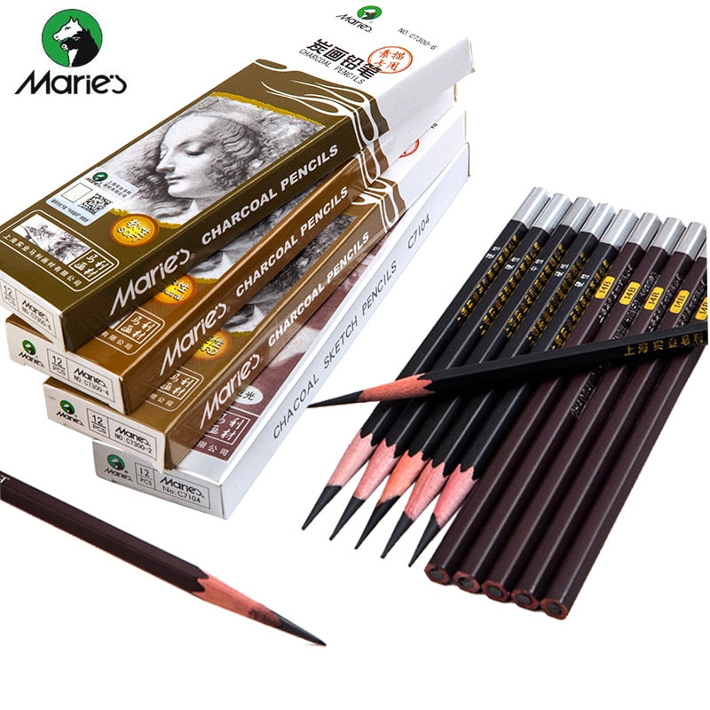 Maries Soft Medium Hard Black Sketch Charcoal Pencil for Sketching Drawing Painting