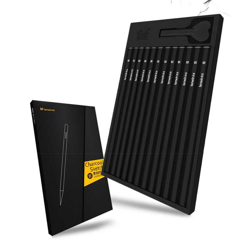 Tenwin 12pcs Black Sketch Charcoal Pen Soft/Medium/Hard