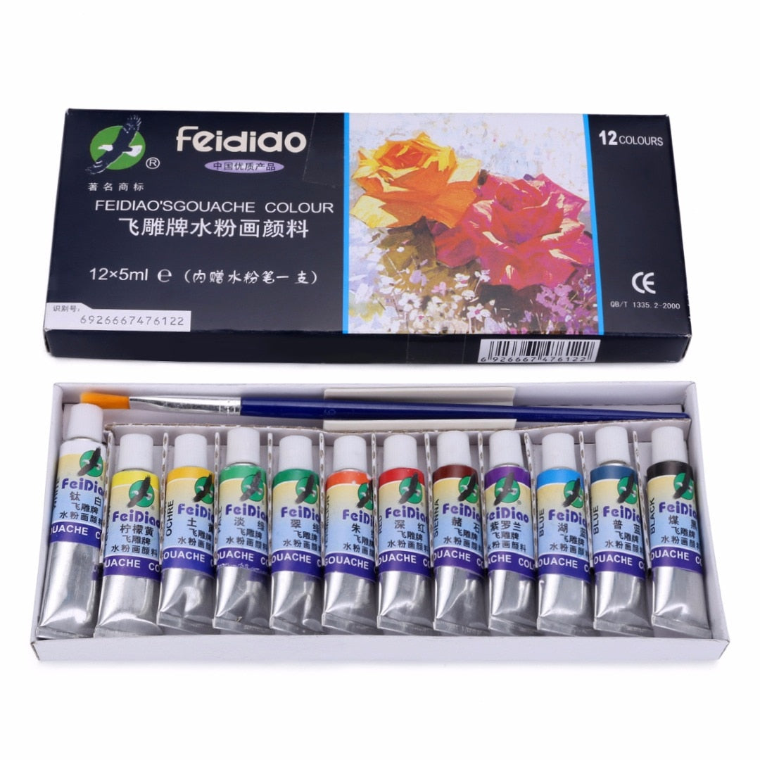 12 Colors Oil Paints Gouache Paint Tubes Set 5ml Painting Drawing Pigments Art Supplies Artist Painting Set with Brush