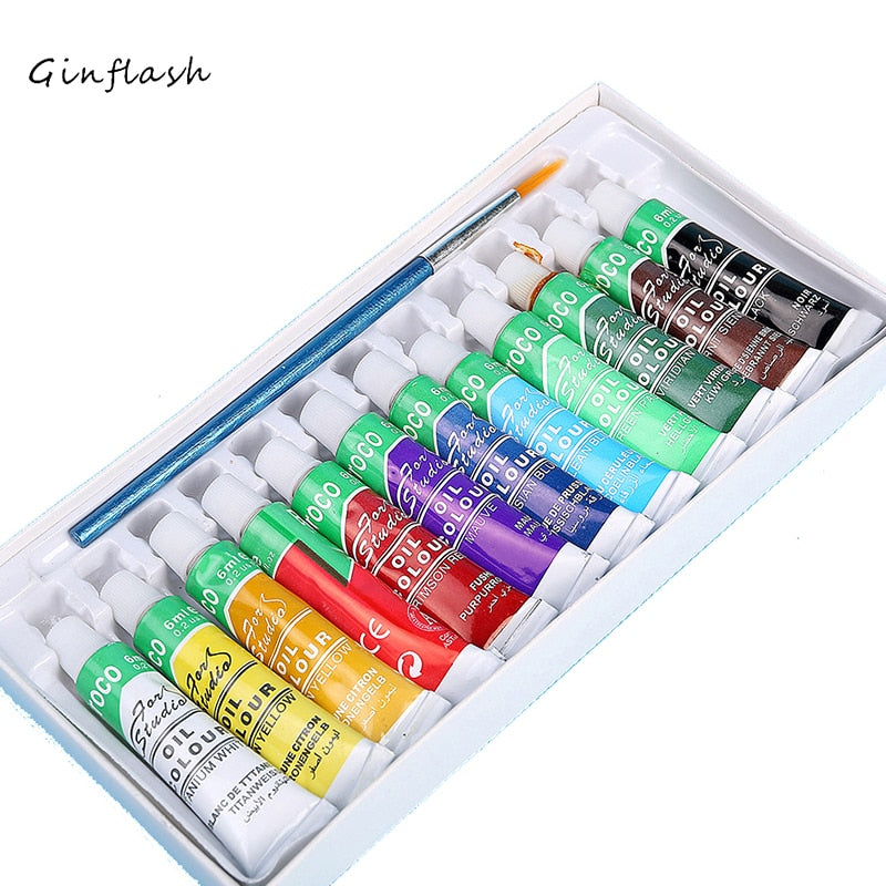 12colors 6ml/tube Professional Oil paints colors painting drawing pigments art supplies set oil painting set with paint brush